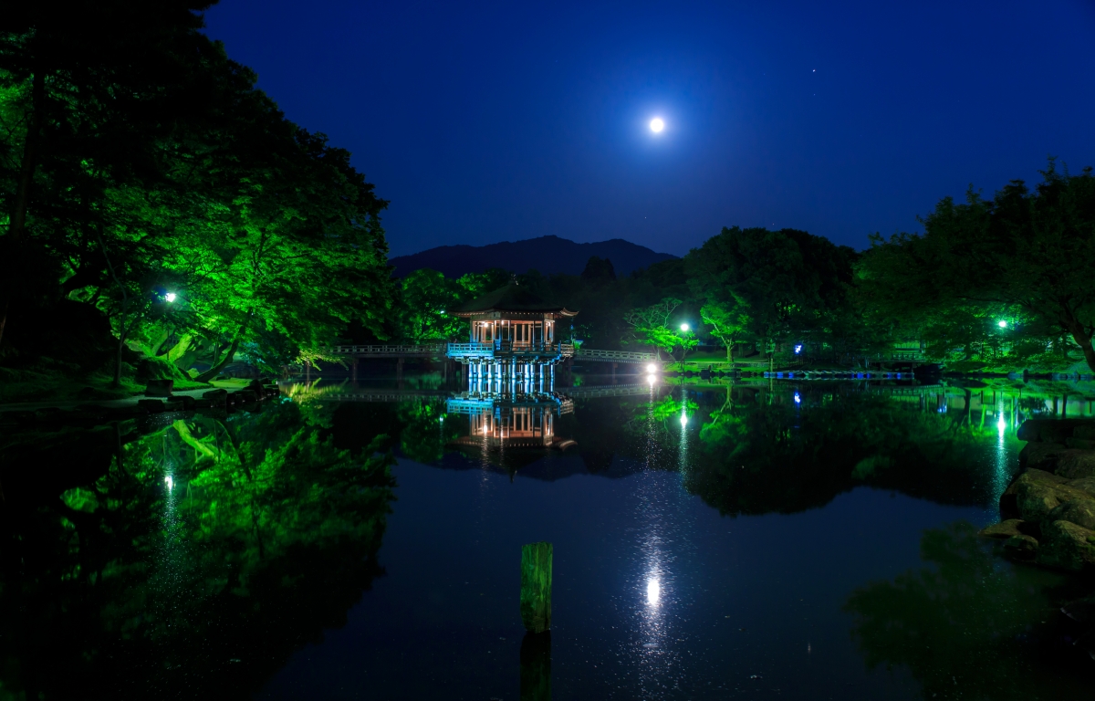 日本公园,桥,树,月亮,灯,池塘,亭子,4K风景壁纸