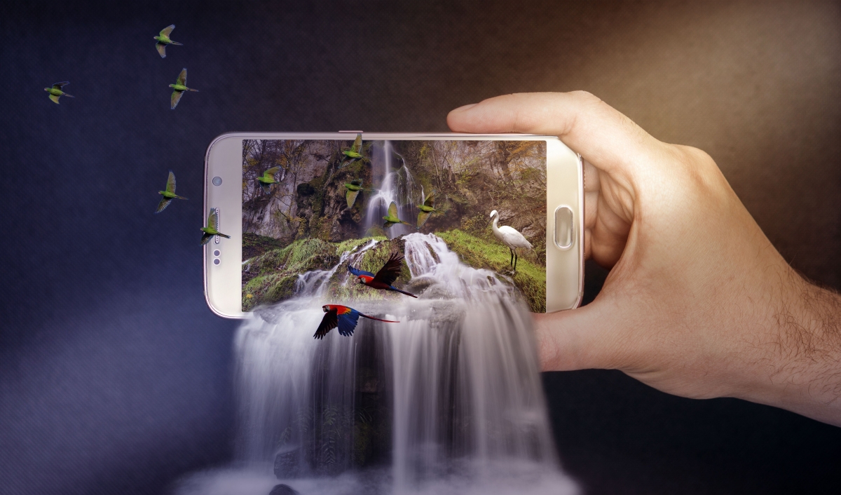 手,智能手机,瀑布,自然背景,4k图片