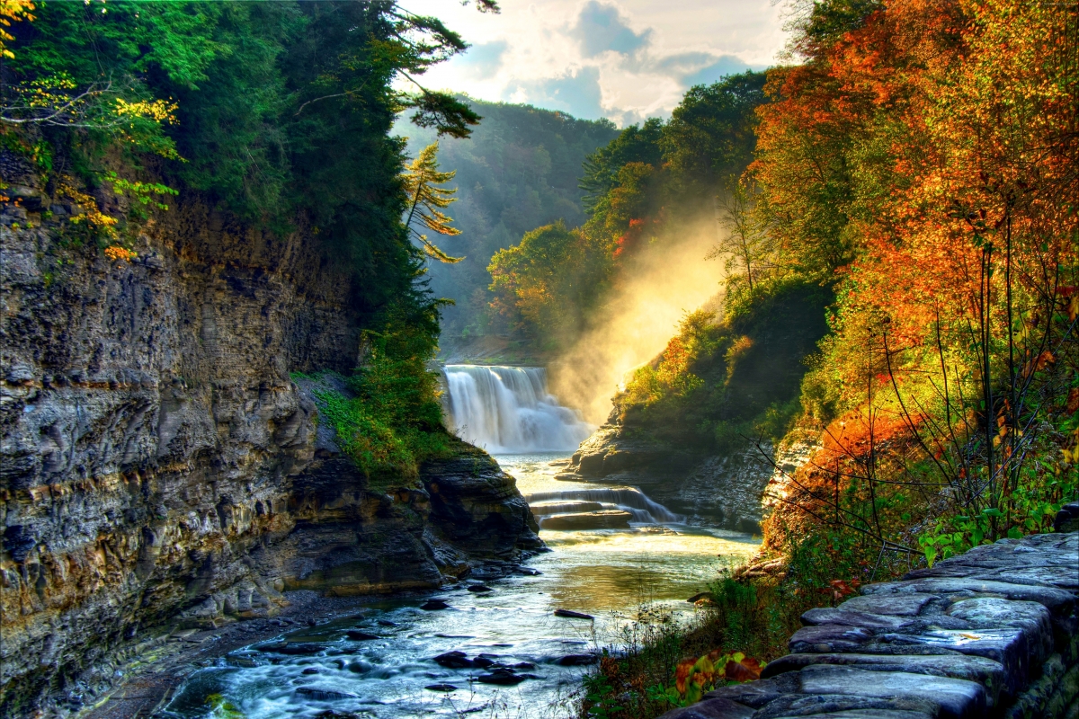 秋天 森林 阳光 树木 岩石 悬崖 瀑布 美丽自然风景4k壁纸