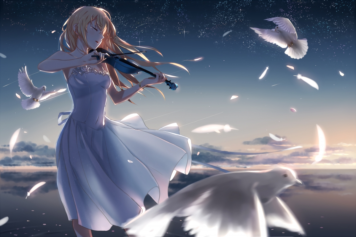 天空 少女 小提琴 鸽子 唯美4k动漫壁纸