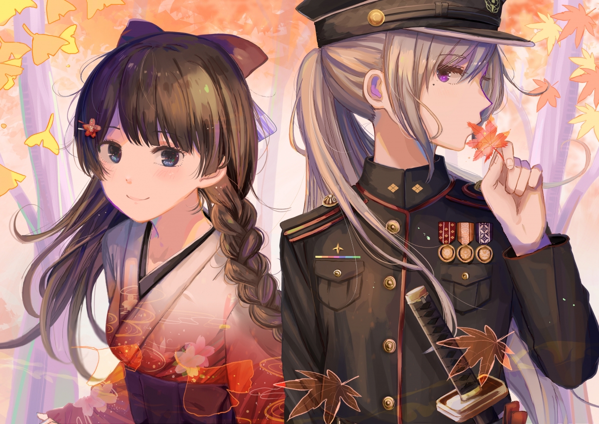 秋天 枫叶 两个女孩 和服 军装动漫美女4k壁纸