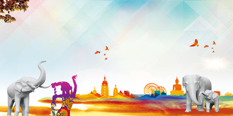 大象彩色剪影西双版纳旅游海报背景素材