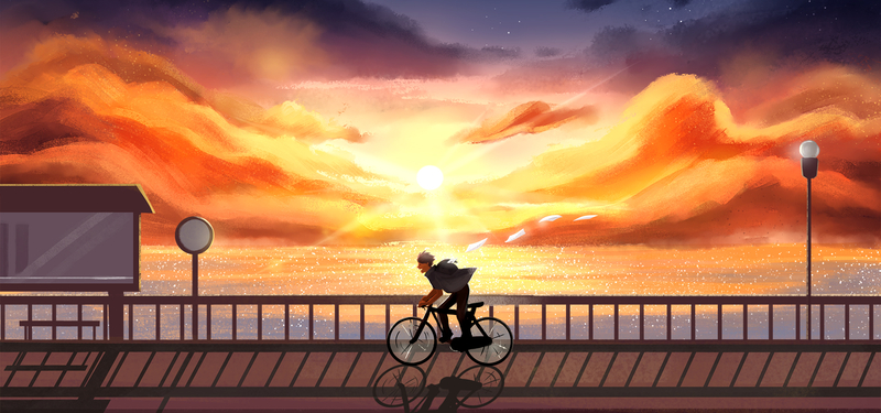 夕阳下的单车少年插画