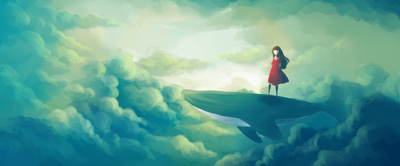 站在鲸背上的女孩插画