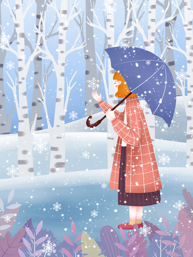 冬天手绘人物雪中散步背景图