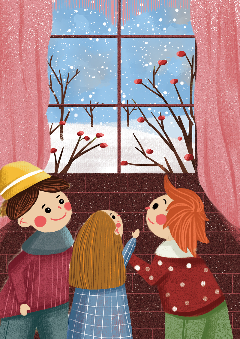 手绘一家人赏雪背景图