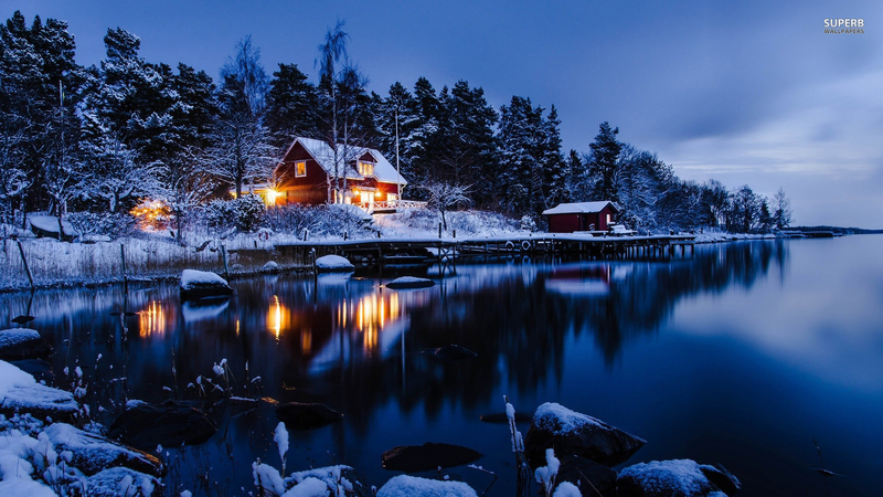 冬天，湖边，小屋，结冰