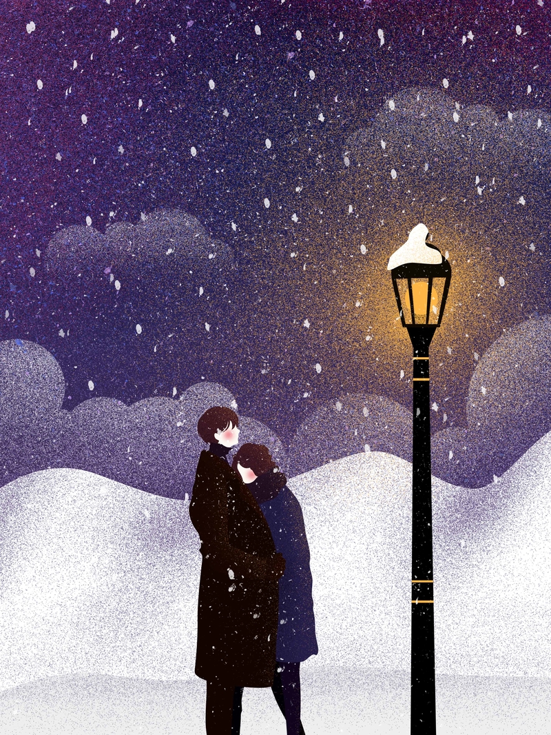 夜晚雪景紫色手绘插画背景