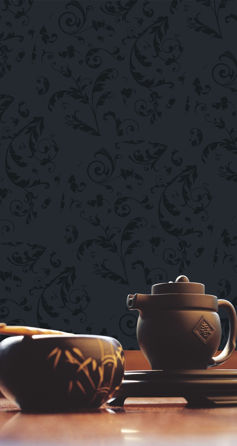 饮茶海报黑色花纹背景
