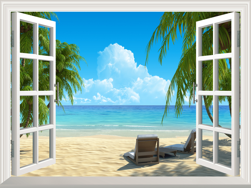 3D窗户大海沙滩海报背景素材