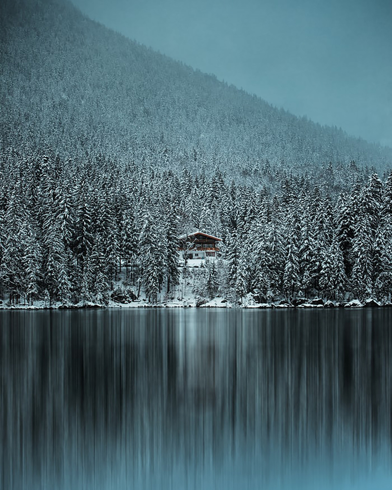 建筑 湖面 下雪 树林