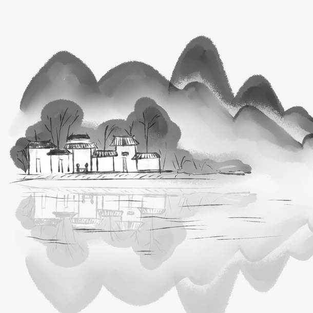 中国风手绘水墨风景山水徽派建筑 10