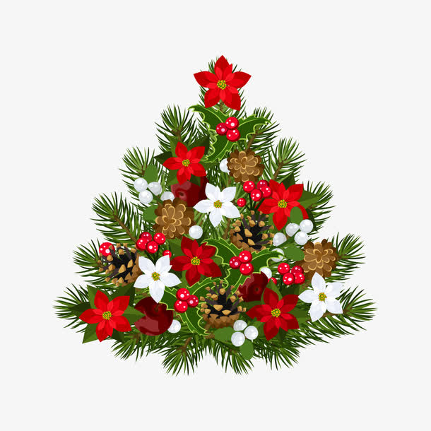 花卉装饰圣诞树矢量图