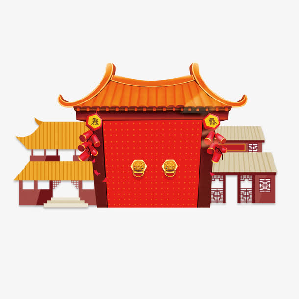 红色喜迎春节中国古典建筑扁平插
