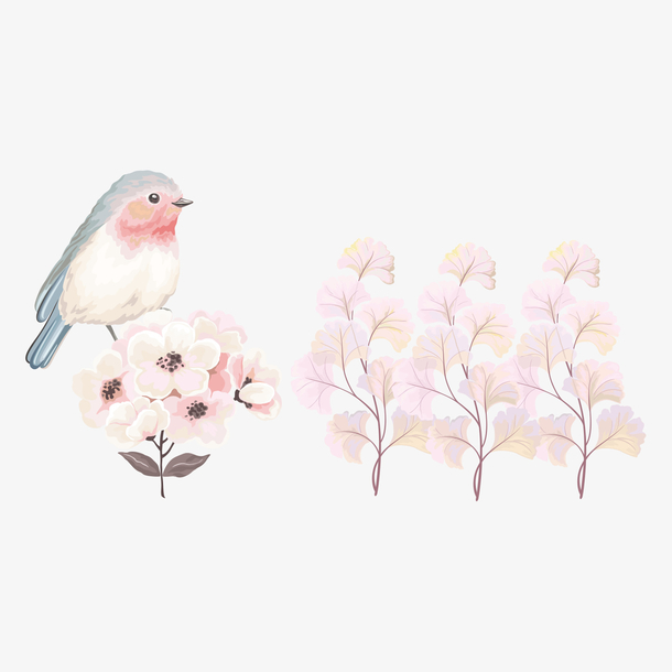 母亲节粉色花朵装饰小鸟插画