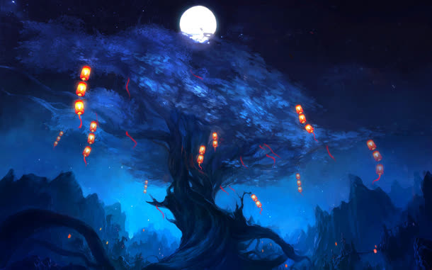 夜空月下大树灯笼海报背景