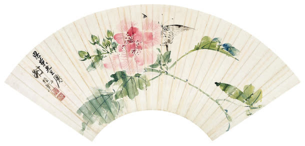 中国画扇面蝴蝶牡丹
