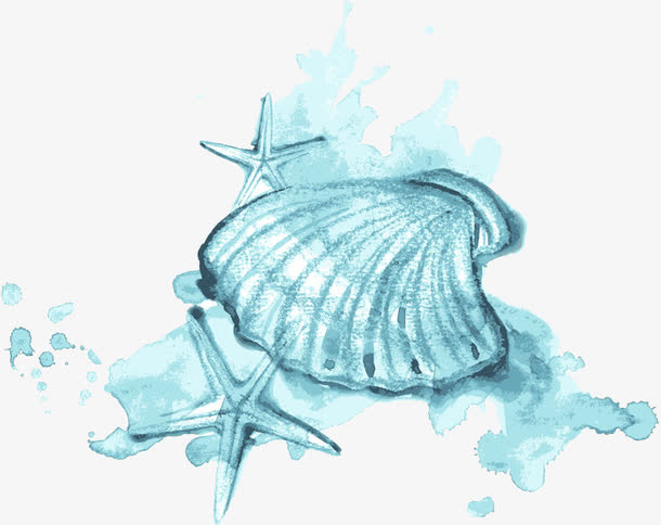 蓝色水彩贝壳与海星