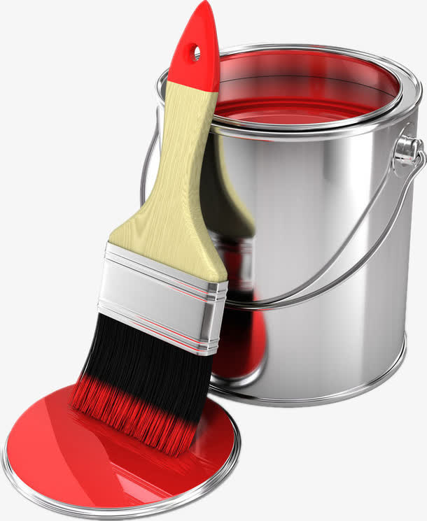 红色油漆、装修涂料刷子、滚筒