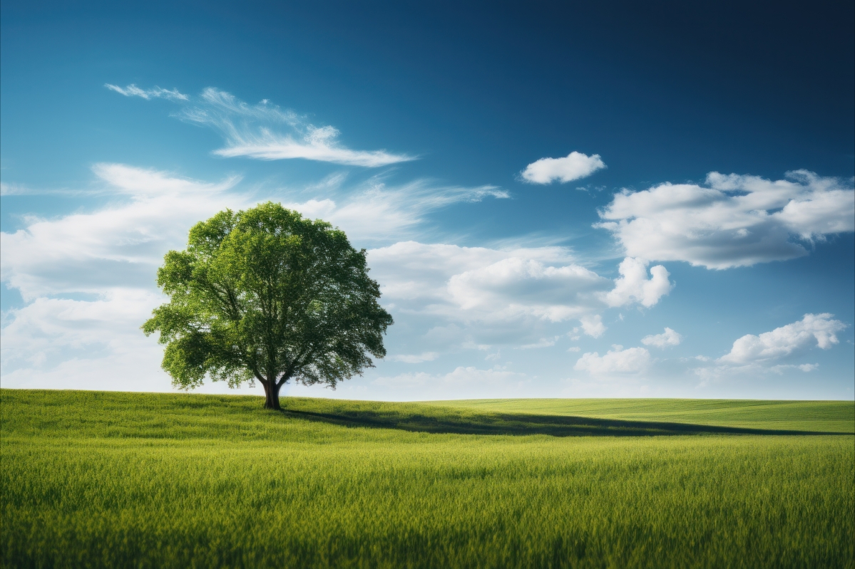 绿地中的一棵树 天空 白云 5k风景壁纸