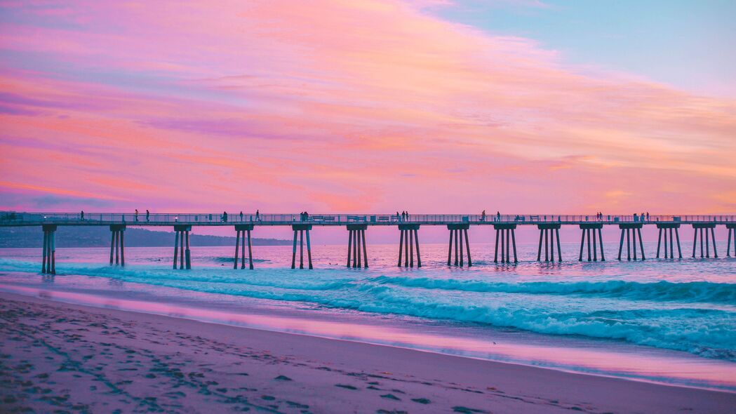 3840x2160 码头 大海 冲浪 粉红色 赫莫萨海滩 加利福尼亚 4k壁纸 uhd 16:9