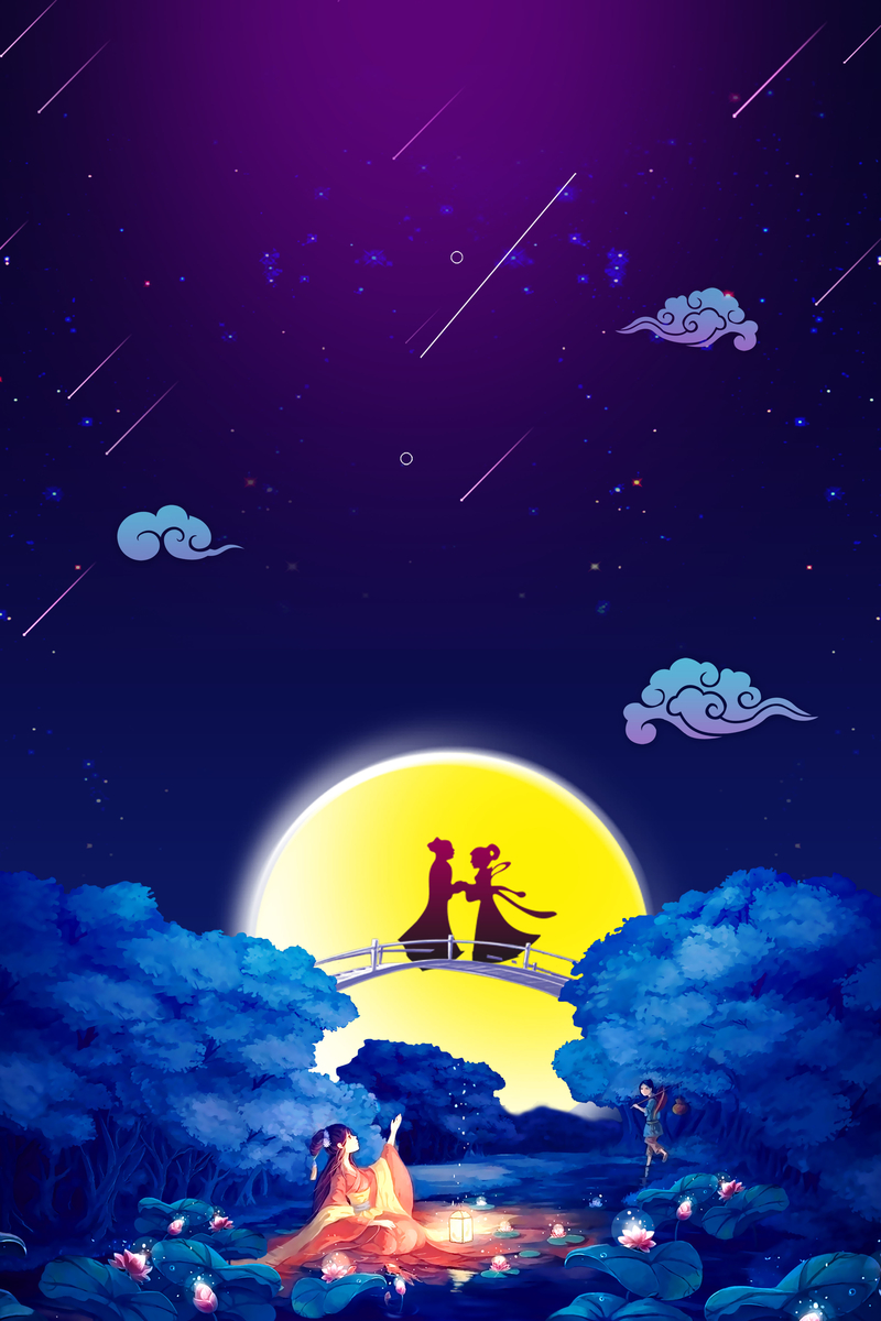 蓝色夜空中国传统七夕节海报背景素材